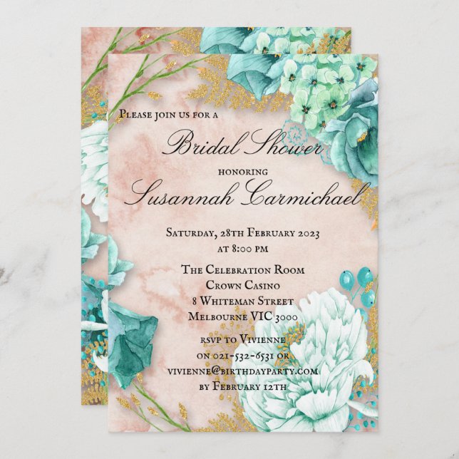 Invitation Boho Mint Green et Blush Floral Fête des mariées I (Devant / Derrière)