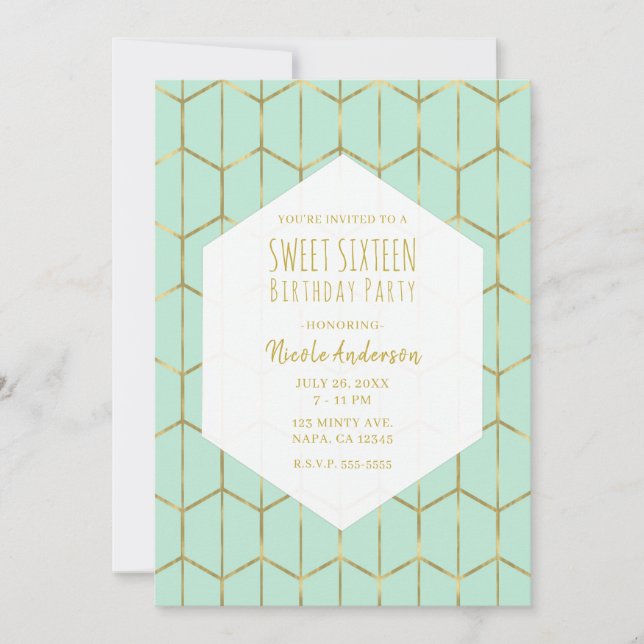 Invitation Boho Mint Vert Hexagon Or Géométrique Sweet 16 En (Devant)