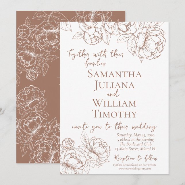 Invitation Boho Mocha Mousse Floral Élégant Mariage moderne (Devant / Derrière)