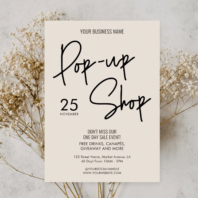 Invitation Boho moderne Beige Small Business Pop Up Shop Even (Promote your business pop-up shop event with this modern boho inspired market day invitation)