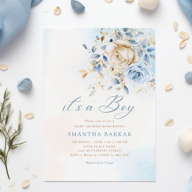 Invitation Boho moderne bleu aquarelle Floral Boy Baby shower (Créateur téléchargé)