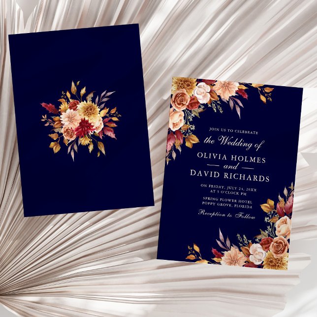 Invitation Boho Moderne Bleu Nuit Orange Brûlé Floral Mariage (Boho Modern Navy Blue Burnt Orange Floral Wedding Invitation on a sunny neutral dry palm leaf.)
