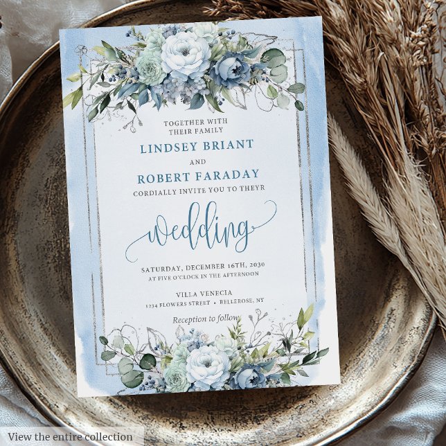 Invitation Boho moderne Dusty Bleu Blanc Rose argent Mariage (Modern Boho Dusty Blue White Silver Roses Wedding Invitation)