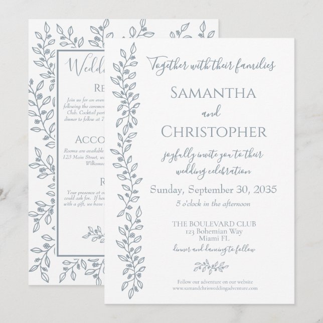 Invitation Boho moderne Dusty Bleu Botanique Mariage minimal (Devant / Derrière)
