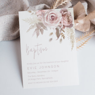 Invitation Boho moderne Dusty Rose & Blush Floral Baptisme