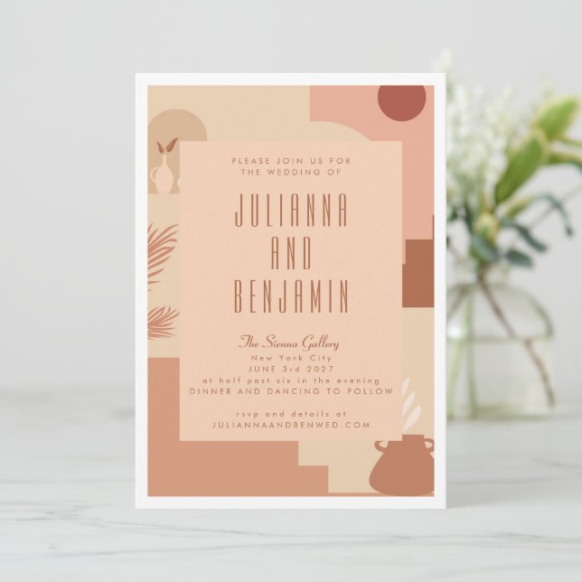 Invitation Boho Moderne Floral Art Blush Terracotta Mariage (Debout devant)