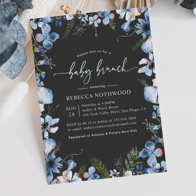 Invitation Boho moderne Gris Bleu Floral Baby Brunch Douche (Créateur téléchargé)