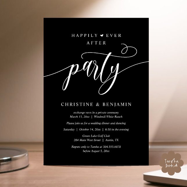 Invitation Boho Moderne Heureusement Jamais Après La Réceptio (Modern Boho Happily Ever After Reception Party Invitation card PDF in classy black white)