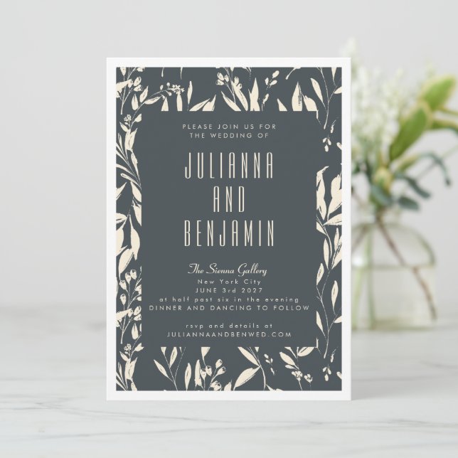 Invitation Boho moderne main noire tiré Mariage floral (Debout devant)