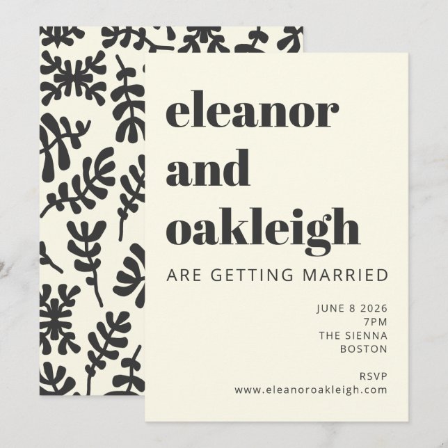 Invitation Boho moderne Matisse Botanique Noir Blanc Mariage (Devant / Derrière)