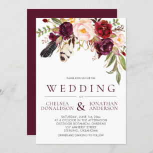 Invitation Boho moderne plumes Marsala Floral Mariage