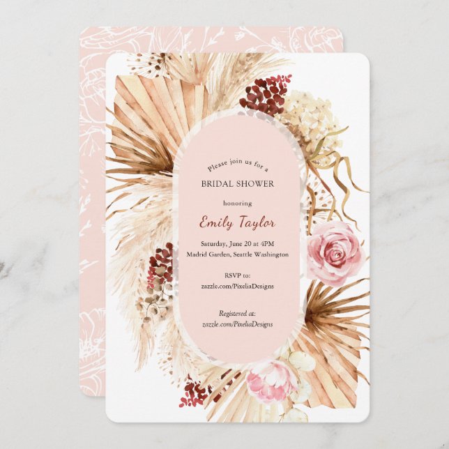 Invitation Boho moderne rose rose Pampas Grass Floral Bride (Devant / Derrière)