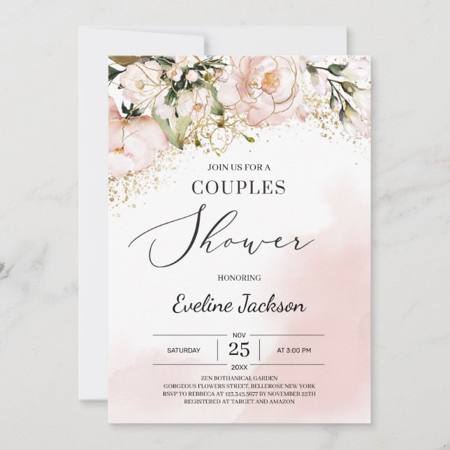 Invitation Boho moderne rose rose rose or fleuri couples douc (Devant)