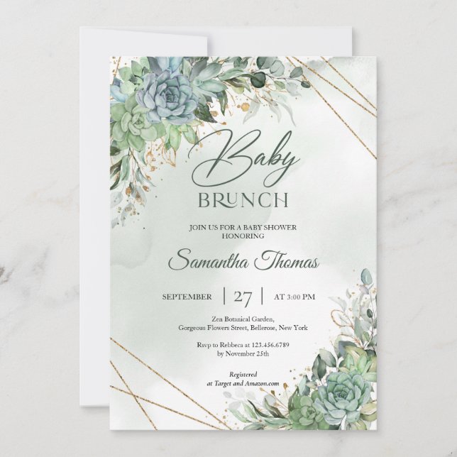 Invitation Boho moderne succulent eucalyptus or brunch bébé (Devant)