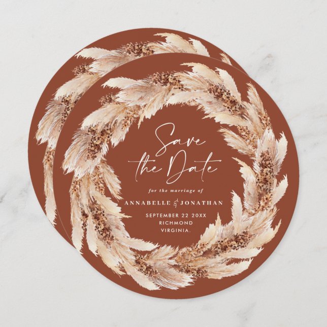 Invitation Boho moderne terre cuite pampas herbe photo mariag (Devant / Derrière)