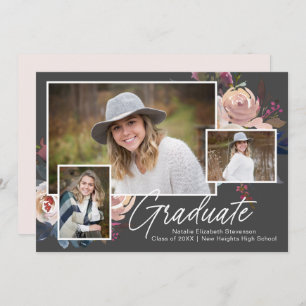 Invitation Boho moderne trois photo Floral Graduation Party