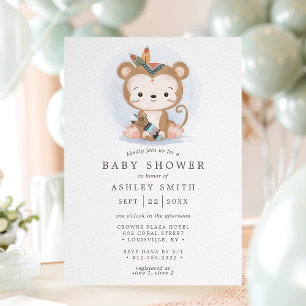 Invitation Boho Monkey Tribal Aquarelle Baby shower bohème