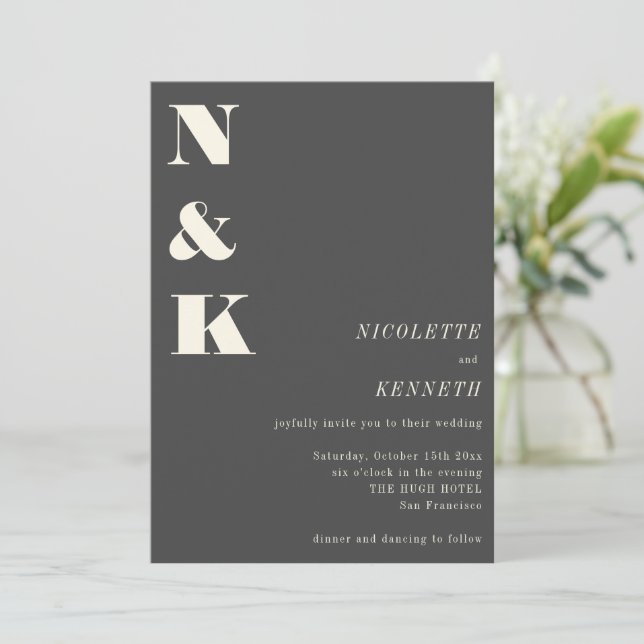 Invitation Boho Monogram Initials Charcoal Gray Photo Wedding (Debout devant)