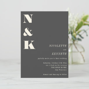 Invitation Boho Monogramme Initiales Gris Charbon Photo Maria