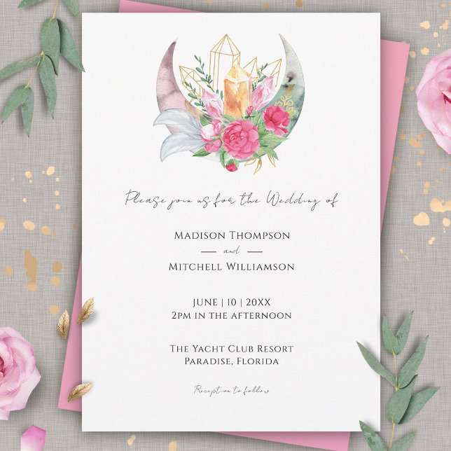 Invitation Boho Moon Cristaux Plumes Fleurs Roses Mariage (Créateur téléchargé)
