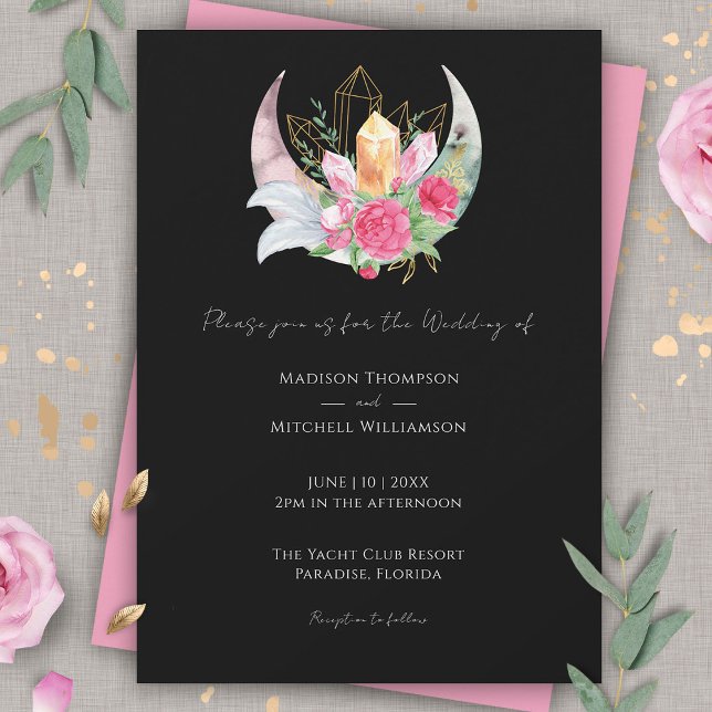 Invitation Boho Moon Cristaux Plumes Fleurs Roses Mariage (Créateur téléchargé)