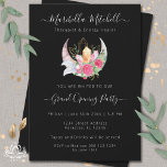 Invitation Boho Moon Crystals Plumes Fleurs Business Event<br><div class="desc">Boho Moon Crystals Feathers Business Event, Grand Ouverture, Open House Invitation avec arrière - plan noir. Aquarelle bohème avec une lune croissant, quartz rose et cristal de citrine pointes, roses roses roses, verdure et plumes blanches. Parfait pour votre métaphysique, ésotérique, spa, thérapeute, guérisseur énergétique, clinique et affaires spirituelles. Texte prêt...</div>