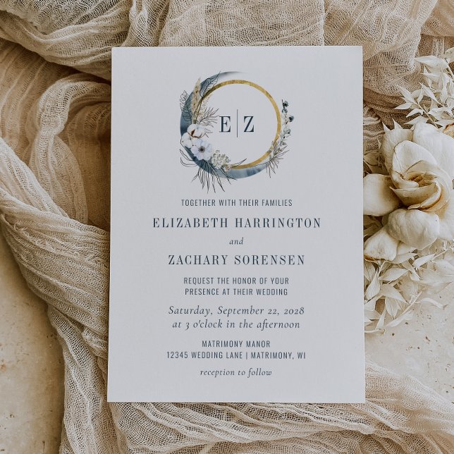 Invitation Boho Moon Monogram Wreath Indigo Mariage (Créateur téléchargé)