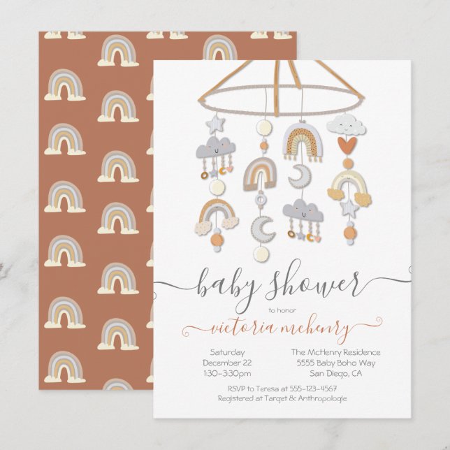 Invitation Boho Moon Stars Rainbows Clouds Baby shower mobile (Devant / Derrière)