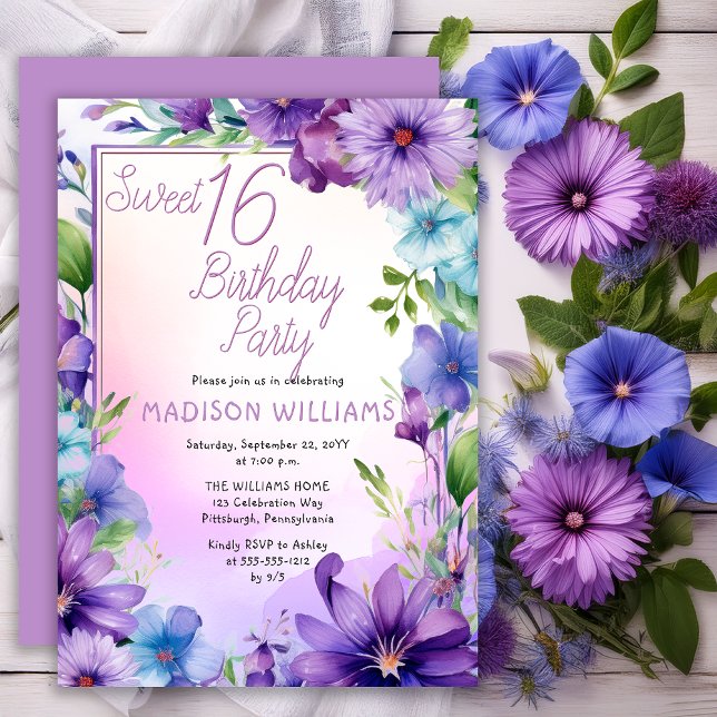 Invitation Boho Morning Glories Sweet 16 Fête d'anniversaire (Elegant Boho Aster | Morning Glories Floral Sweet 16 Birthday Party Invitation Print | Digital )