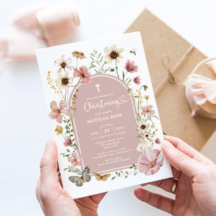 Invitation Boho Muet Blush Fleur sauvage Meadow Christening