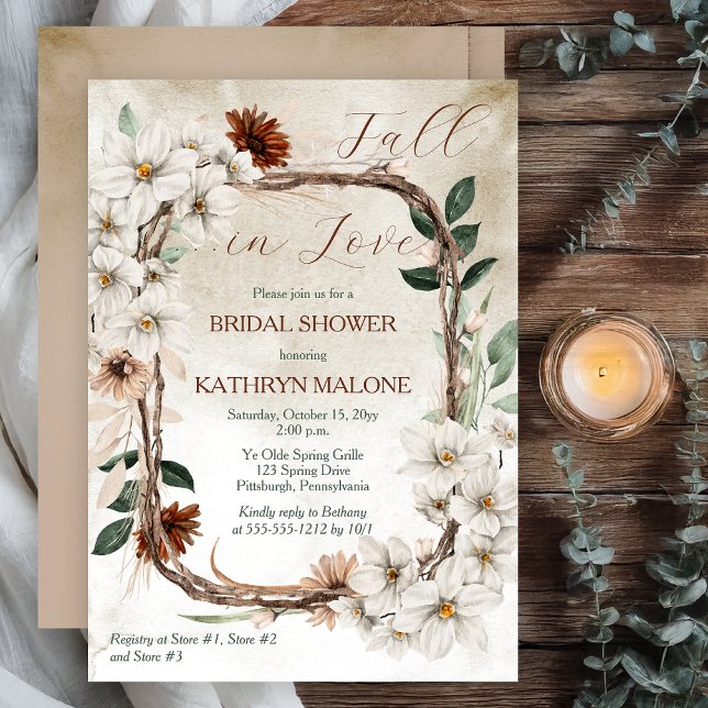 Invitation Boho Muted Fall Floral Fall in Love Fête des marié (Boho Muted Fall Floral and Grapevine Wreath "Fall in Love" Bridal Shower Invitation -Print | Digital)
