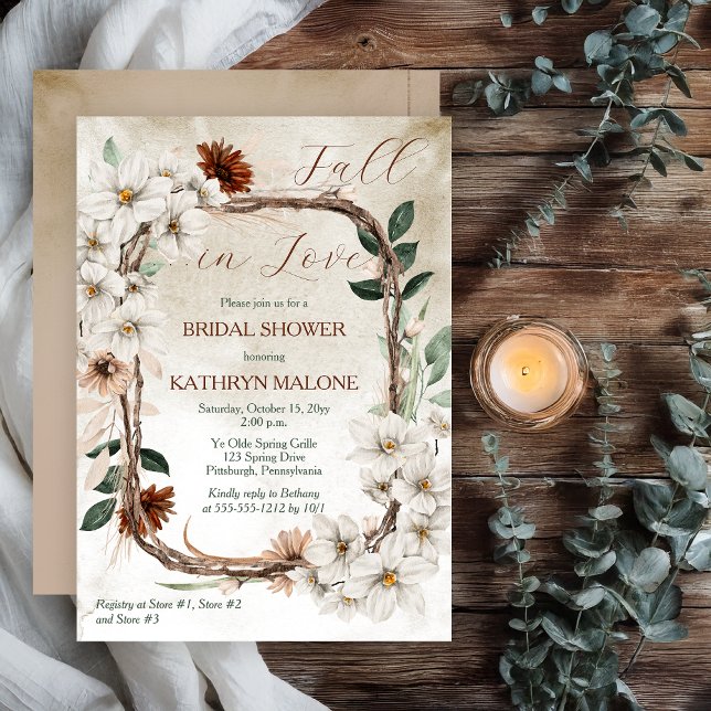 Invitation Boho Muted Fall Floral Fall in Love Fête des marié (Boho Muted Fall Floral and Grapevine Wreath "Fall in Love" Bridal Shower Invitation -Print | Digital)