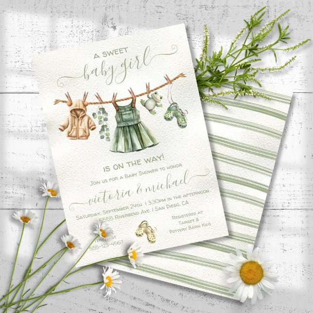 Invitation Boho Nature Baby shower Fille Clothesline (Créateur téléchargé)