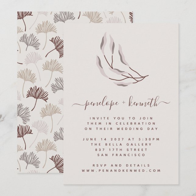 Invitation Boho Nature Bourgogne et Mariage botanique Taupe (Devant / Derrière)