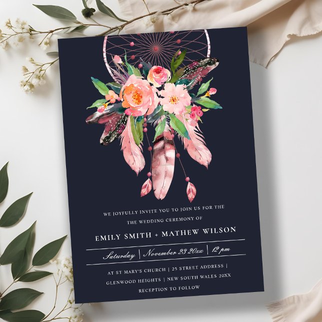 INVITATION BOHO NAVY BLUSH ANTLER DREAM CATCHER FLORE MARIAGE (Créateur téléchargé)