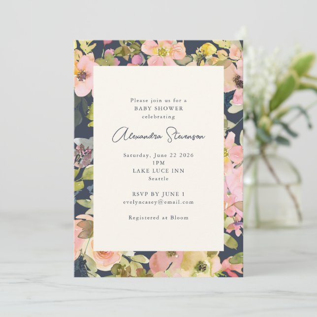 Invitation Boho Navy Blush Aquarelle Baby shower Floral (Debout devant)