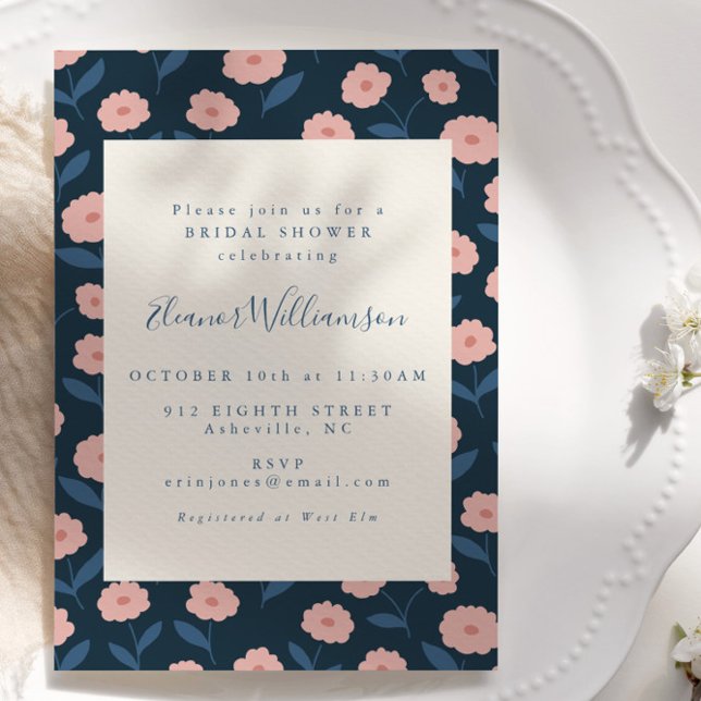Invitation Boho Navy et Fête des mariées de fleurs roses (Créateur téléchargé)
