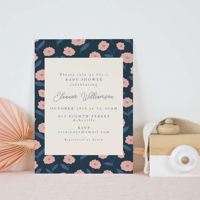 Invitation Boho Navy et Fleurs roses mignonnes Baby shower (Créateur téléchargé)