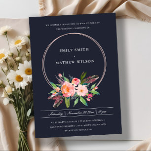 INVITATION BOHO NAVY FEATHER BLUSH FLORAL WREATT MARIAGE