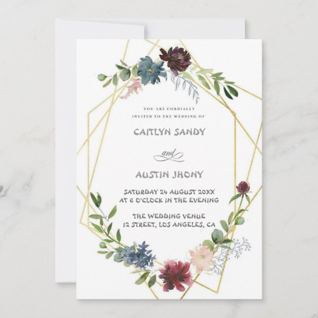 Invitation Boho Navy & floral simple vert  (Devant)