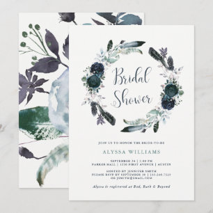 Invitation Boho Navy Peony Floral Wreath Fête des mariées