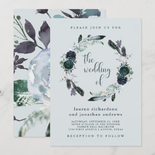 Invitation Boho Navy Peony Floral Wreath sur Grey   Mariage