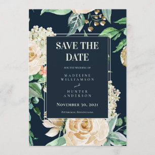 Invitation Boho Navy & Roses d'Ivoire Élégant Enregistrer la