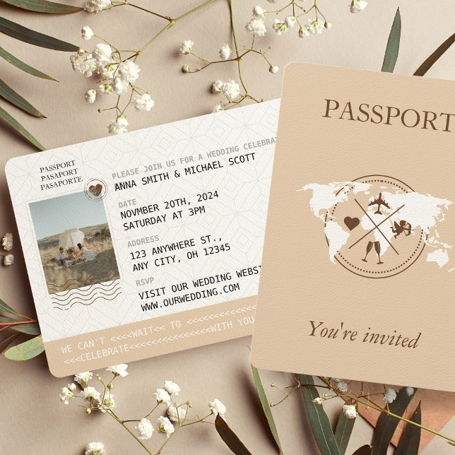 Invitation Boho Neutral Beige Passeport Destination Mariage (Créateur téléchargé)
