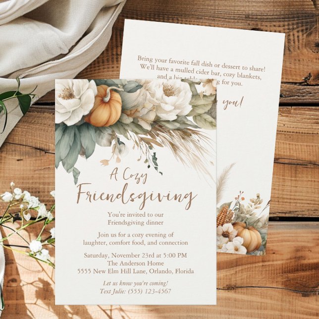 Invitation Boho Neutral Floral Citrouille QR Code Friendsgivi (Boho neutral floral, greenery, and pumpkins Friendsgiving invitation)