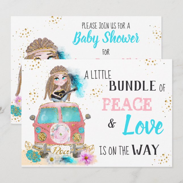 Invitation * Boho Neutral Paix & Amour Hippie Baby shower I (Devant / Derrière)