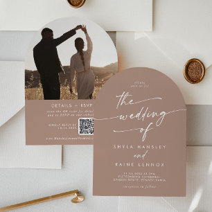 Invitation Boho Neutral Taupe Photo QR Code Arch Mariage