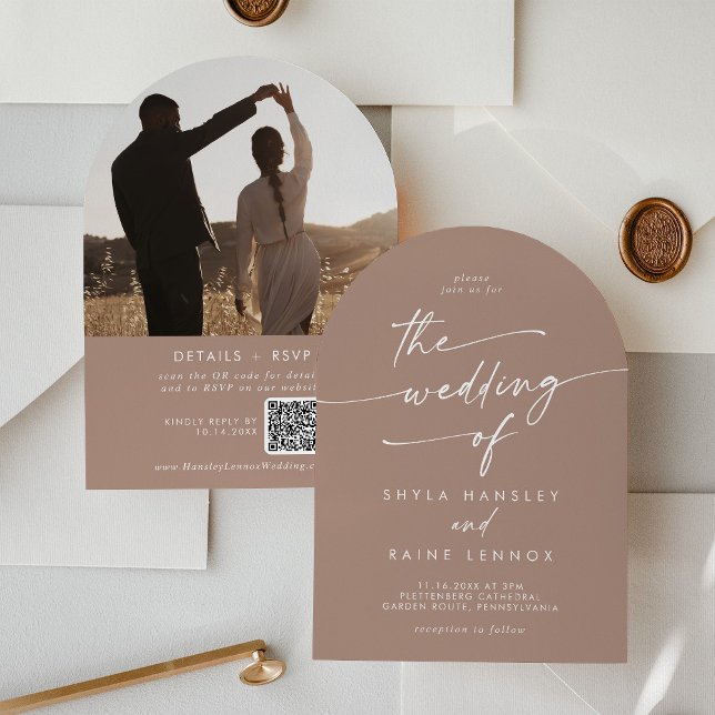 Invitation Boho Neutral Taupe Photo QR Code Arch Mariage (Créateur téléchargé)