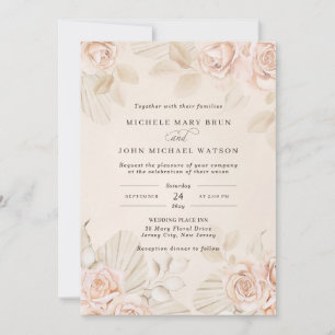 Invitation Boho Neutre Beige Tan Blush Rose Floral Mariage 
