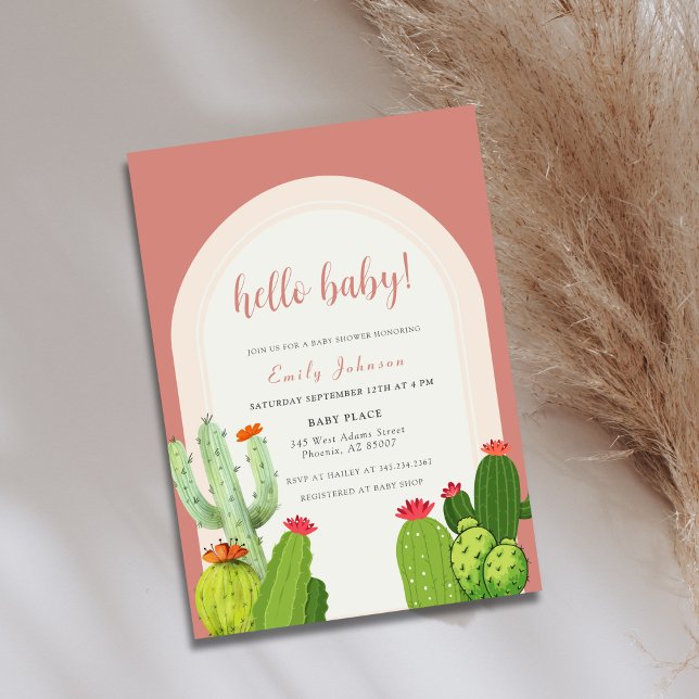 Invitation Boho Neutre Genre Arc Cactus Bonjour Baby shower (Gender Neutral Boho Cactus Arch Hello Baby Shower Invitation)